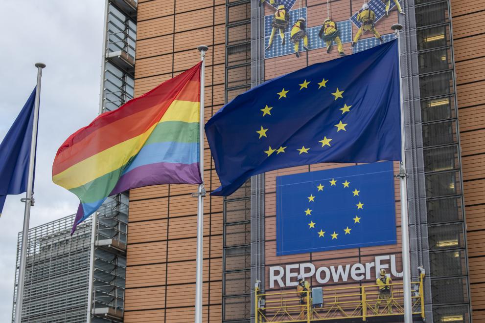 The rainbow flag in front of the Berlaymont building on the occasion of the International Day Against Homophobia, Transphobia and Biphobia (IDAHOT) 2023
